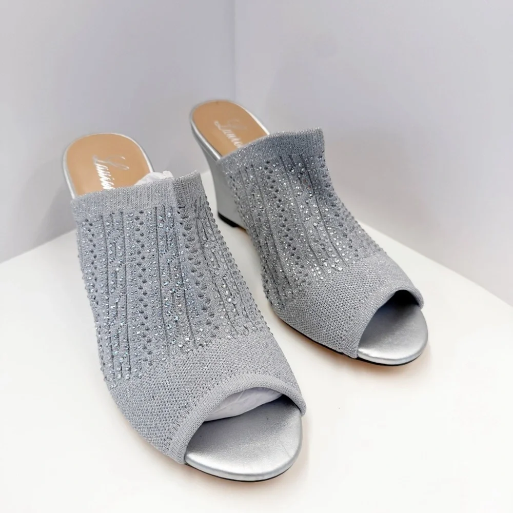 NWOT Lauren Lorraine Martha Silver Rhinestone Wedge Sandals, Size 9.5